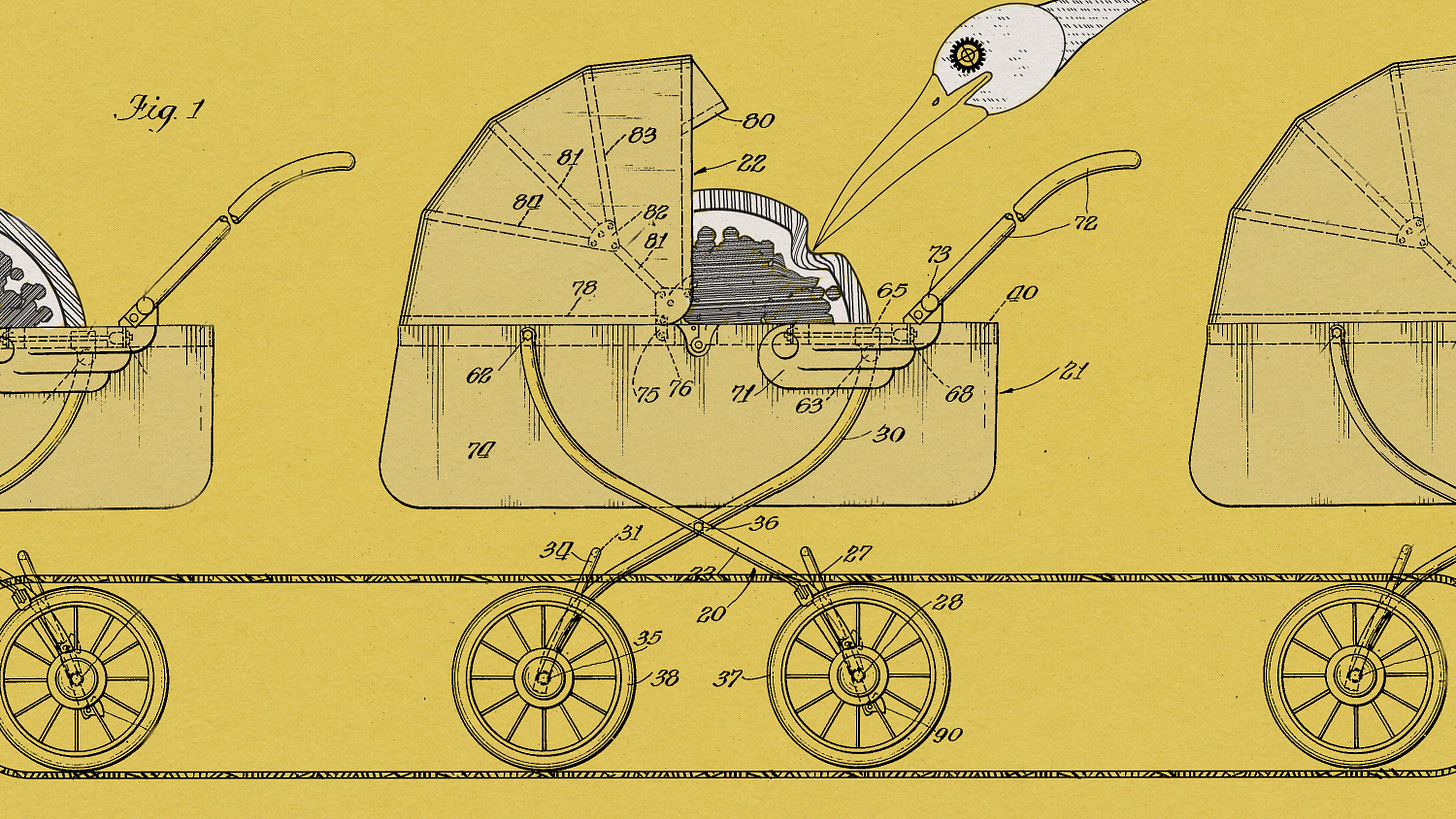 patent style illlustration of an automated ivf assembly line with robotic stork poking oocytes in baby carriages