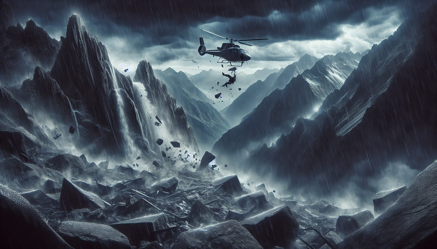 A dramatic scene of a helicopter crash during heavy rain in a high mountainous region. The helicopter is seen crashing into rugged terrain with jagged peaks surrounding it. The rain is pouring heavily, and the sky is dark with storm clouds. Debris and parts of the helicopter are scattered across the rocky landscape. The overall mood is tense and chaotic, capturing the severity of the crash in a treacherous environment.