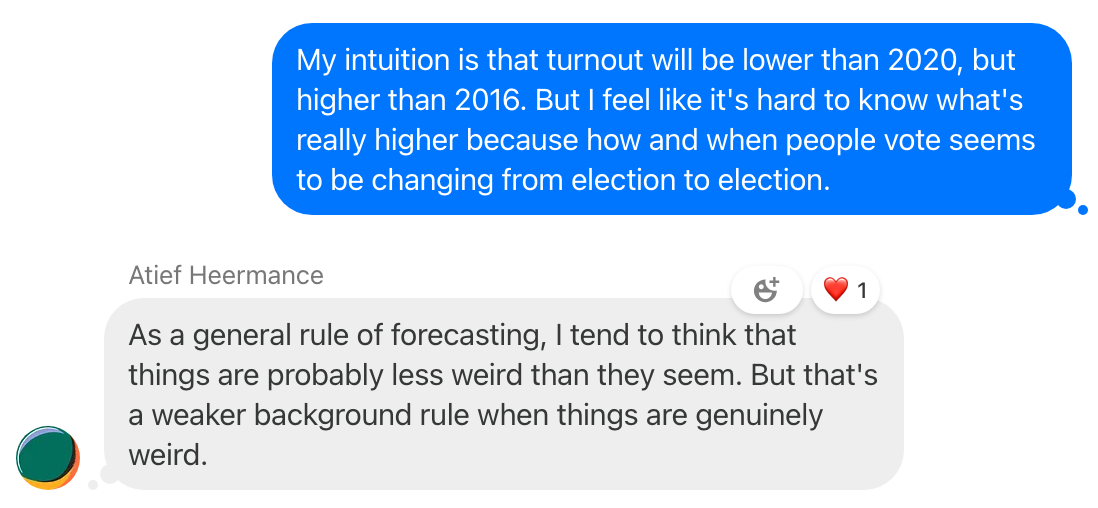 Screenshot of a chat thread. The screenshotter's text reads, "My intuition is that turnout will be lower than 2020, but higher than 2016. But I feel like it's hard to know what's really higher because how and when people vote seems to be changing from election to election." Atief Heermance adds, "As a general rule of forecasting, I tend to think that things are probably less weird than they seem. But that's a weaker background rule when things are genuinely weird."