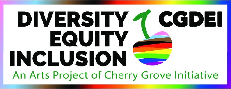 A vibrant logo featuring large white text stating "DIVERSITY EQUITY INCLUSION" on a gradient background transitioning from a light pink to light blue. To the right, there's a stylized cherry symbol in rainbow colors with a green stem that loops to form the letters "CGDEI." Below the main text, it says "An Arts Project of Cherry Grove Initiative" in smaller letters.