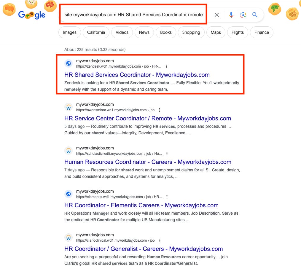 A screenshot of an HR Shared Services Coordinator search on Google using a site operator to limit search results to remote jobs that are hosted on the Workday applicant tracking system