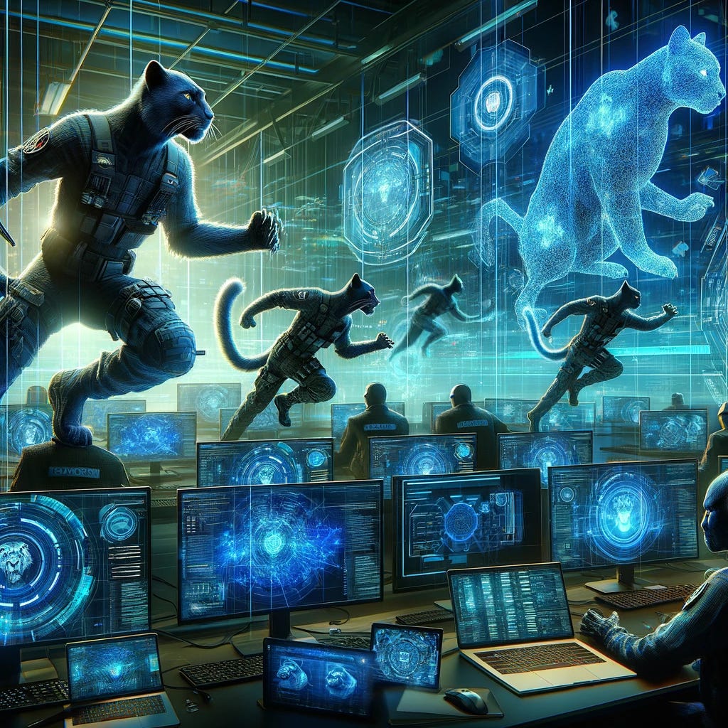 A digital landscape showcasing the ongoing battle against cyber threats in 2024. In the forefront, a group of cyber security experts, depicted as vigilant panthers, are analyzing and defending against digital attacks represented by holographic screens and futuristic interfaces. The scene is set in a high-tech operations room, emphasizing the urgency and sophistication of modern cyber defense strategies.
