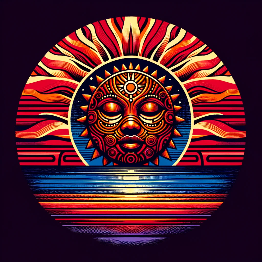 Take the previously created vibrant orange and red depiction of a sun's corona with African and graffiti fusion theme, and set it against a background that mimics a dawn horizon, utilizing shades of navy blue and purple. This adjustment should not alter the core artwork but rather enhance its presentation by embedding it within a naturalistic yet stylized representation of dawn, where the warm tones of the sun contrast dramatically against the cool and serene backdrop of a navy blue and purple horizon.