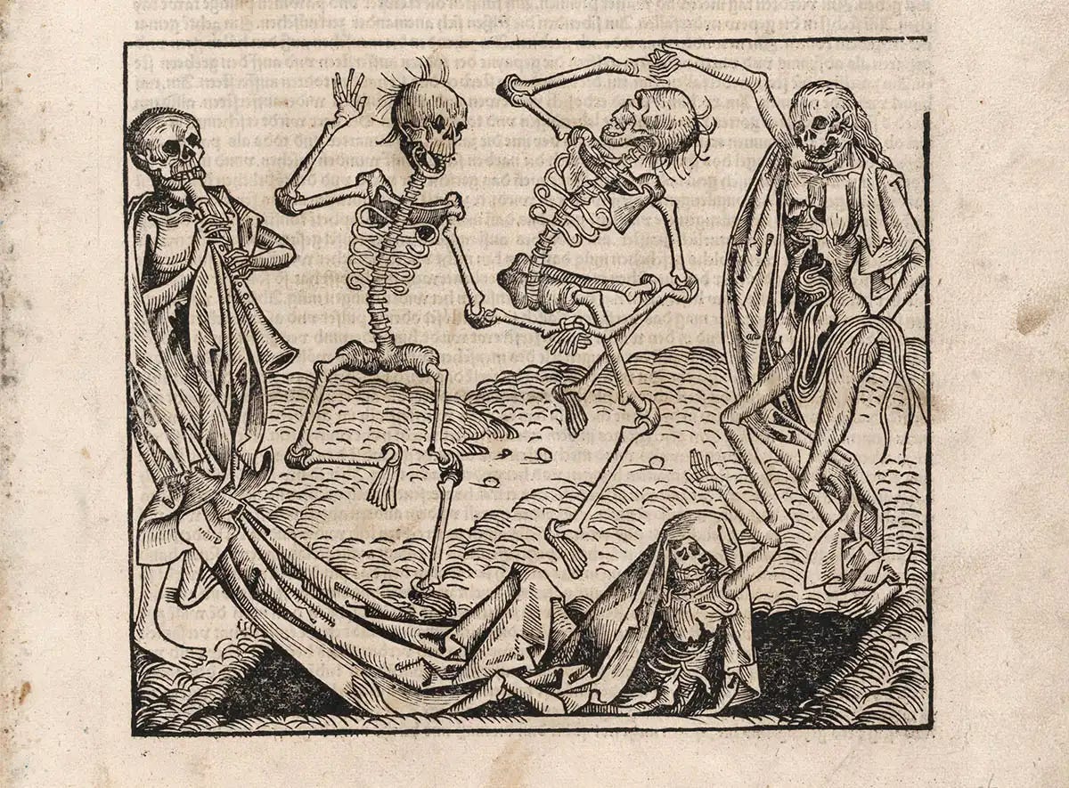 Woodcut of Dance of Deaf from the Nuremberg Chronicle by Michael Wolgemut. It depicts five cheerful skeletons and decaying cadavers dancing, playing music, and emerging from a grave.