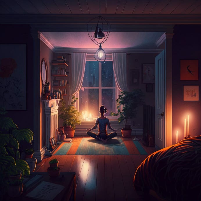 Woman doing yoga at night, created by Midjourney