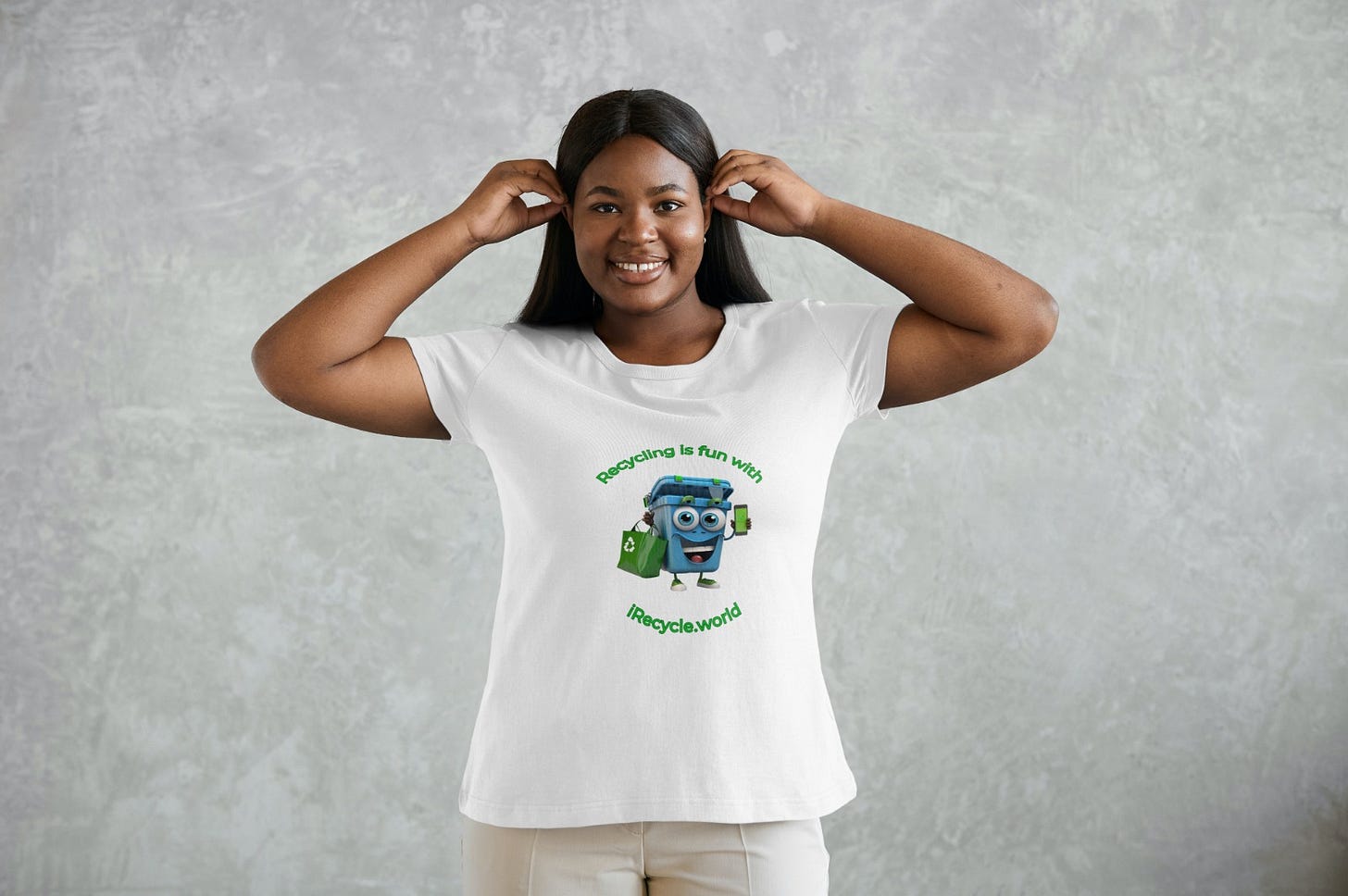 A model in an iRecycle T-shirt.