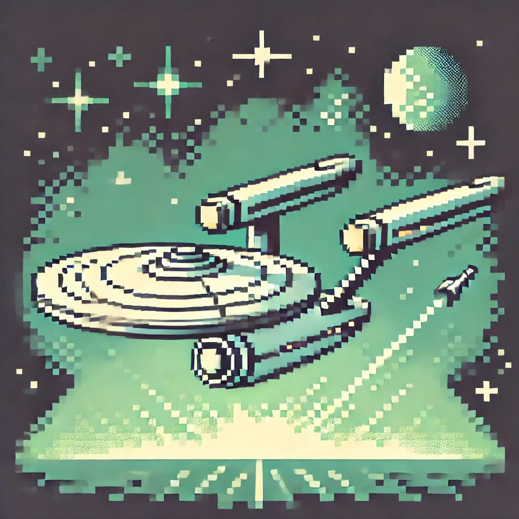 A pixelated depiction of the Star Trek Enterprise in the style of a Gameboy Color video game. The ship should feature simple, blocky designs, using a limited color palette characteristic of Gameboy Color graphics, including greens, blues, and grays. The setting should be space, with pixelated stars and planets scattered in the background, giving the scene a minimalist, retro feel reminiscent of classic Gameboy Color games.