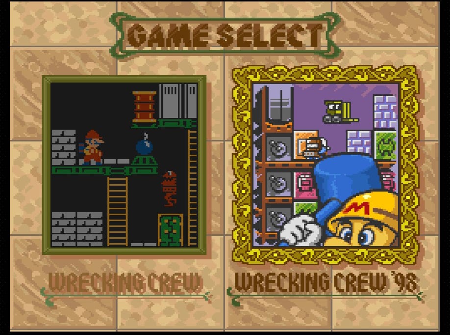 A screenshot of the game select screen from Wrecking Crew '98, which is the first thing you see after Nintendo's logo. On the left is Wrecking Crew and a gameplay screenshot from that game, on the right '98 and the same, with zoomed in art of Mario wielding a hammer superimposed over it.