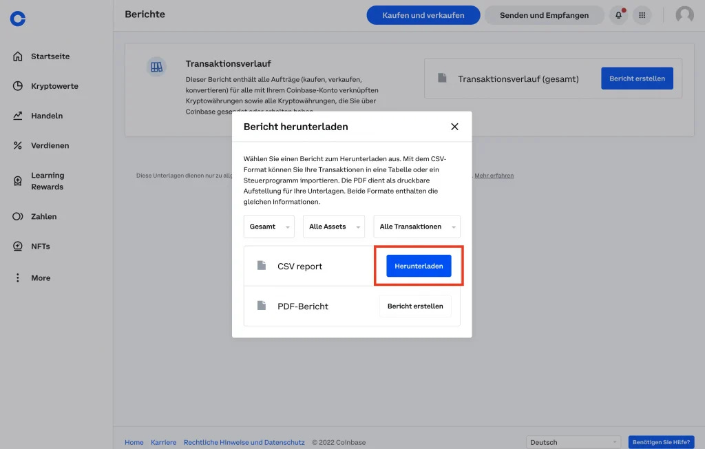 Coinbase CSV Bericht herunterladen