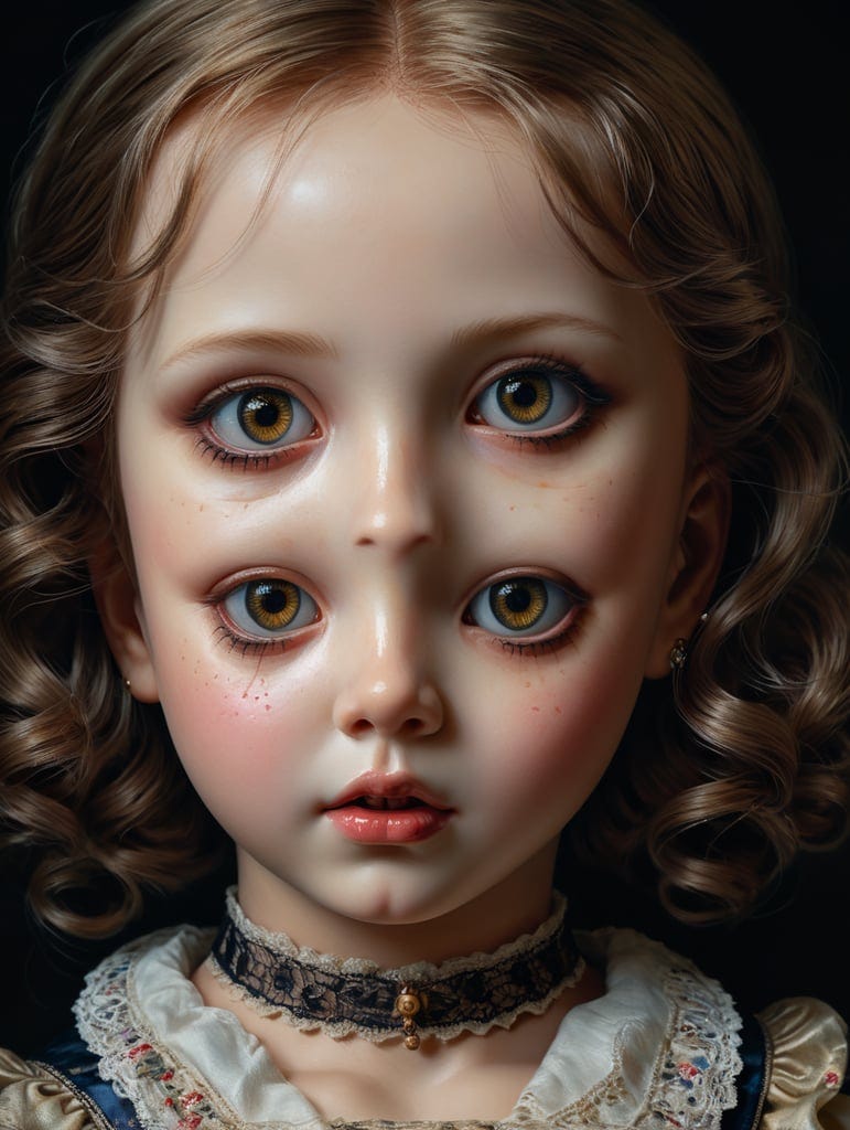 A haunting oil painting featuring a porcelain doll-like figure with delicate, porcelain skin and a serene expression, but with unsettling elements such as stitched seams and dark, hollow eyes, juxtaposing beauty with an eerie sense of unease.