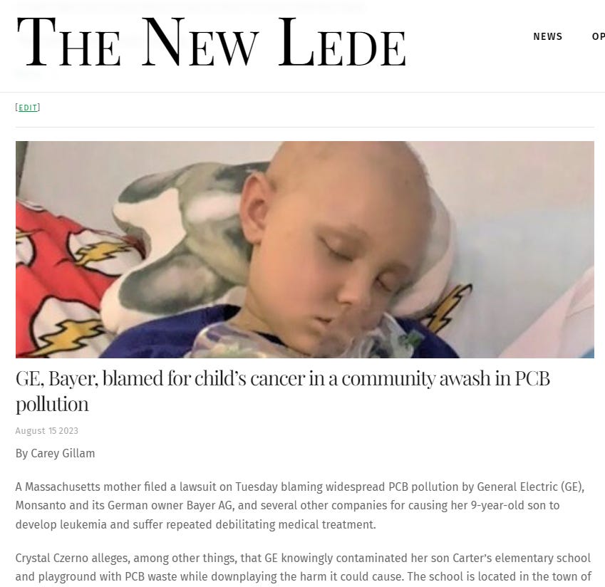 https://www.thenewlede.org/2023/08/ge-bayer-blamed-for-childs-cancer-in-a-community-awash-in-pcb-pollution/