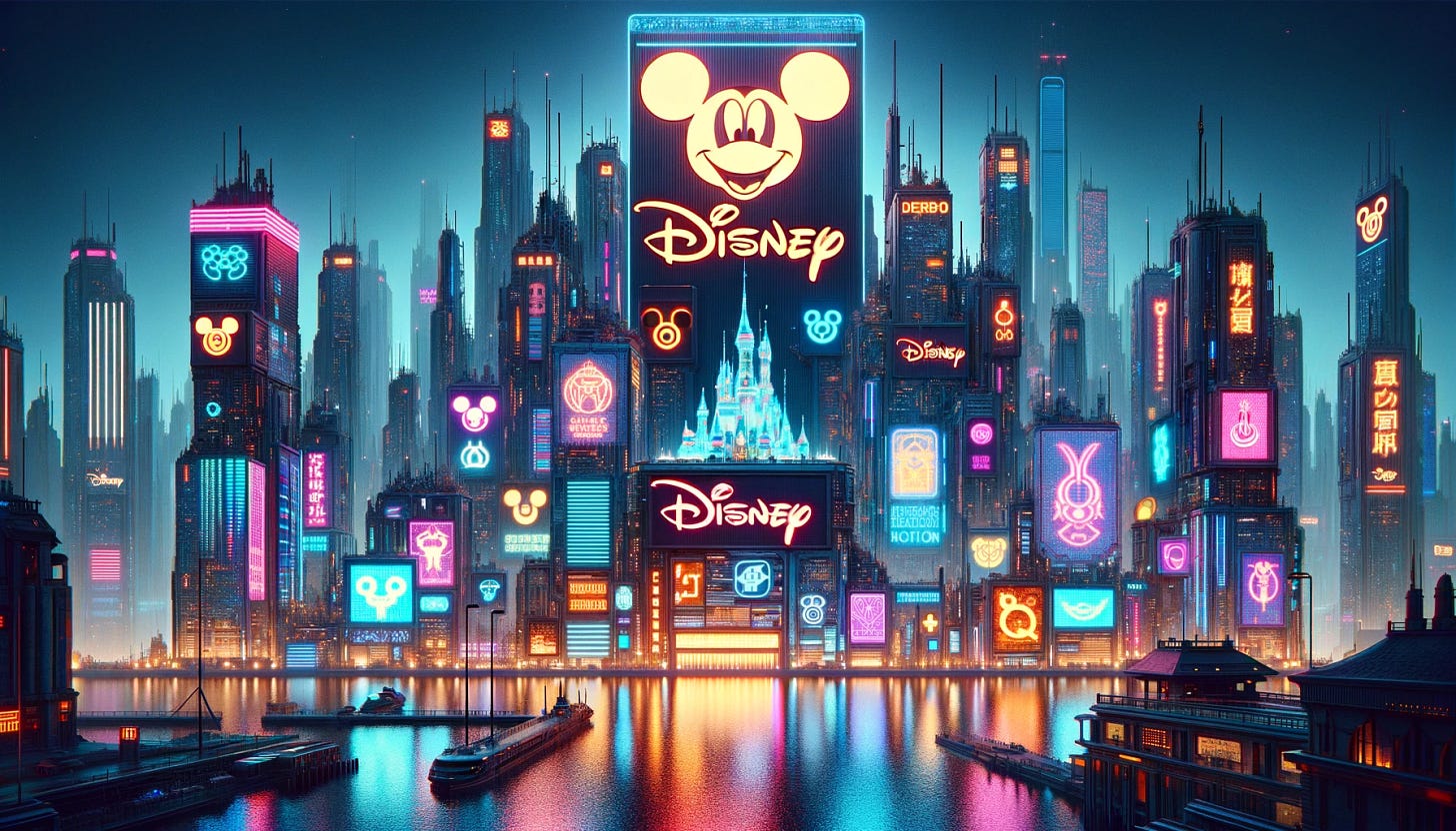 Reimagine the dystopic future cityscape with a stronger emphasis on the Disney-like corporation's ownership over all AI-generated art, ensuring the inclusion of the corporation's distinct mark or logo in the scene. This time, the 3:2 aspect ratio image is enriched with even more iconic imagery, such as recognizable symbols and elements that are clearly identifiable with Disney, but with a twist to fit the dystopian setting. The architecture, now more vividly combining futuristic and iconic fairy-tale elements, prominently features the corporation's logo integrated into buildings, billboards, and digital displays. The skyline is adorned with neon lights and holograms that not only illuminate the night but also bear the unmistakable signature of the corporation, symbolizing its omnipresent control over creativity. The presence of this mark is a clear statement of ownership, making it evident that in this future, artistic expression is tightly controlled by this singular entity, adding a layer of critique on corporate monopolization of creativity.