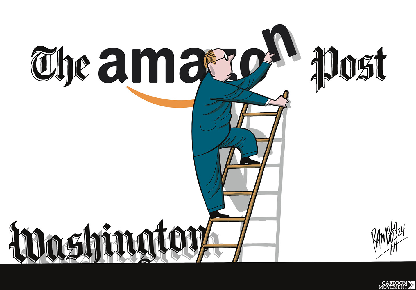 Cartoon showing a man on a ladder replacing the 'Washington' in the Washington Post logo with the Amazon logo.