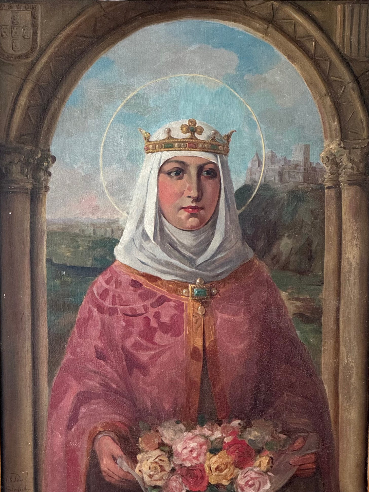 Painting of Queen Isabel of Portugal holding roses