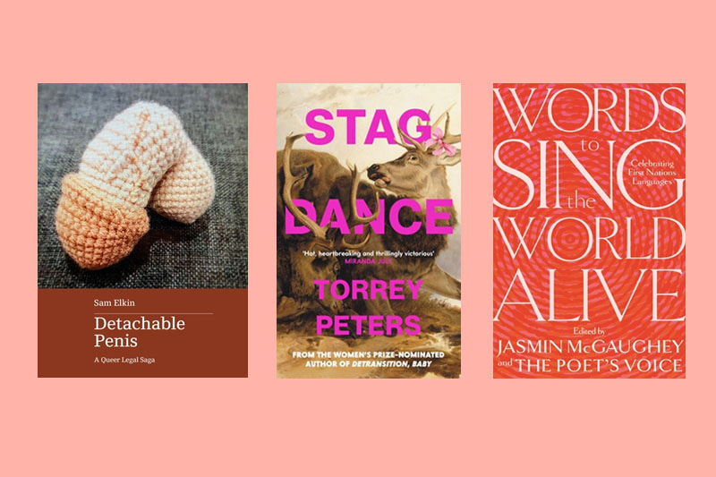 Covers of Detachable Penis by Sam Elkin, Stag Dance by Torrey Peters and Words to Sing the World Alive by Jamine McGaughey against a pink background.