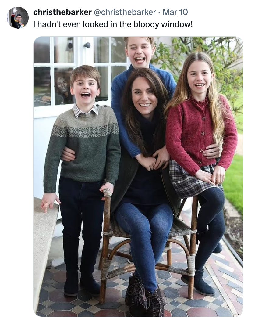 Tweet from @christhebarker that reads "I hadn't even looked in the bloody window!" and features the altered image of Kate Middleton and her children with the Unknown from the Glasgow Willy Wonka Experience in the window behind them