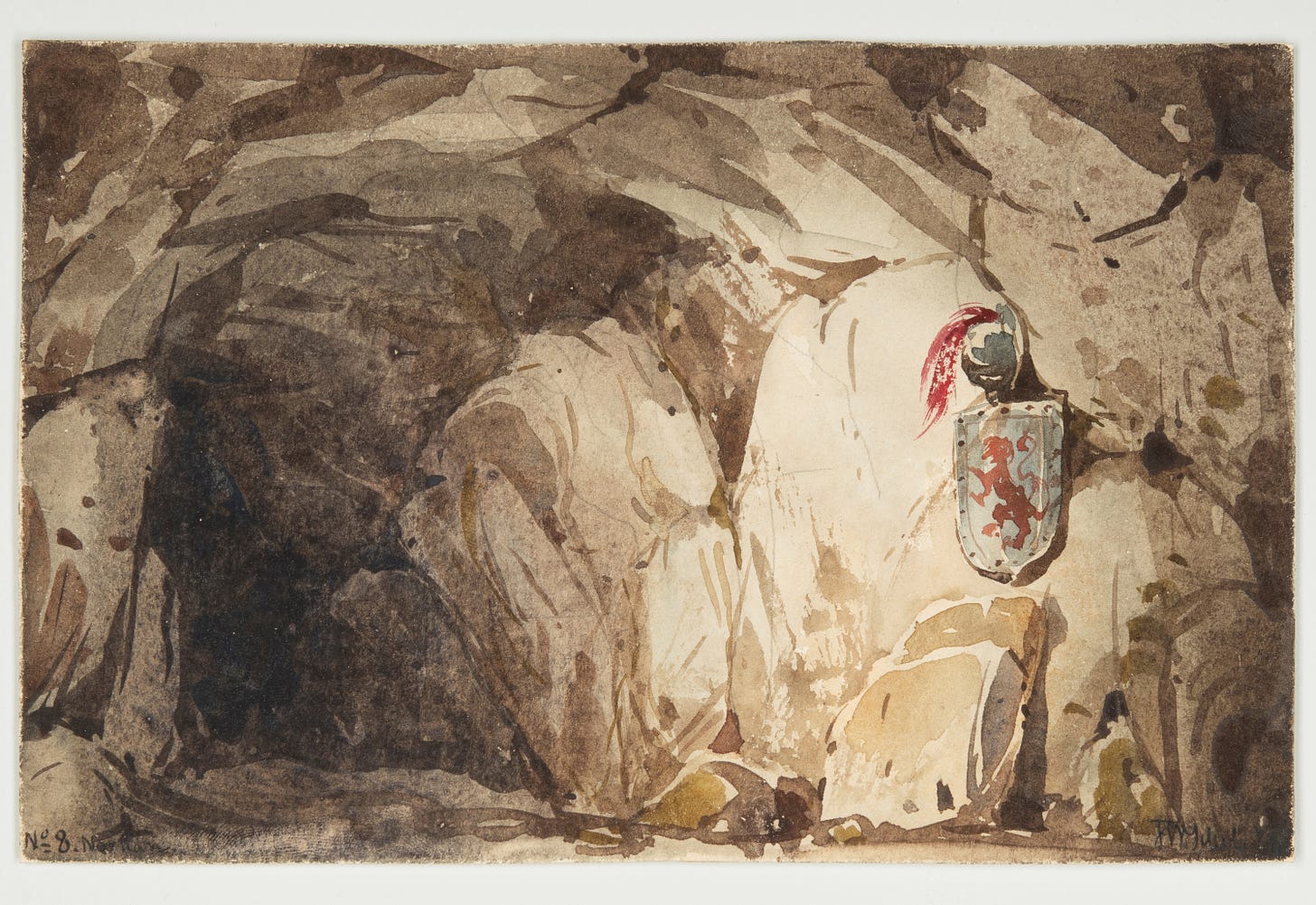 The entrance to a cave, a helmet and shield rests on the wall.