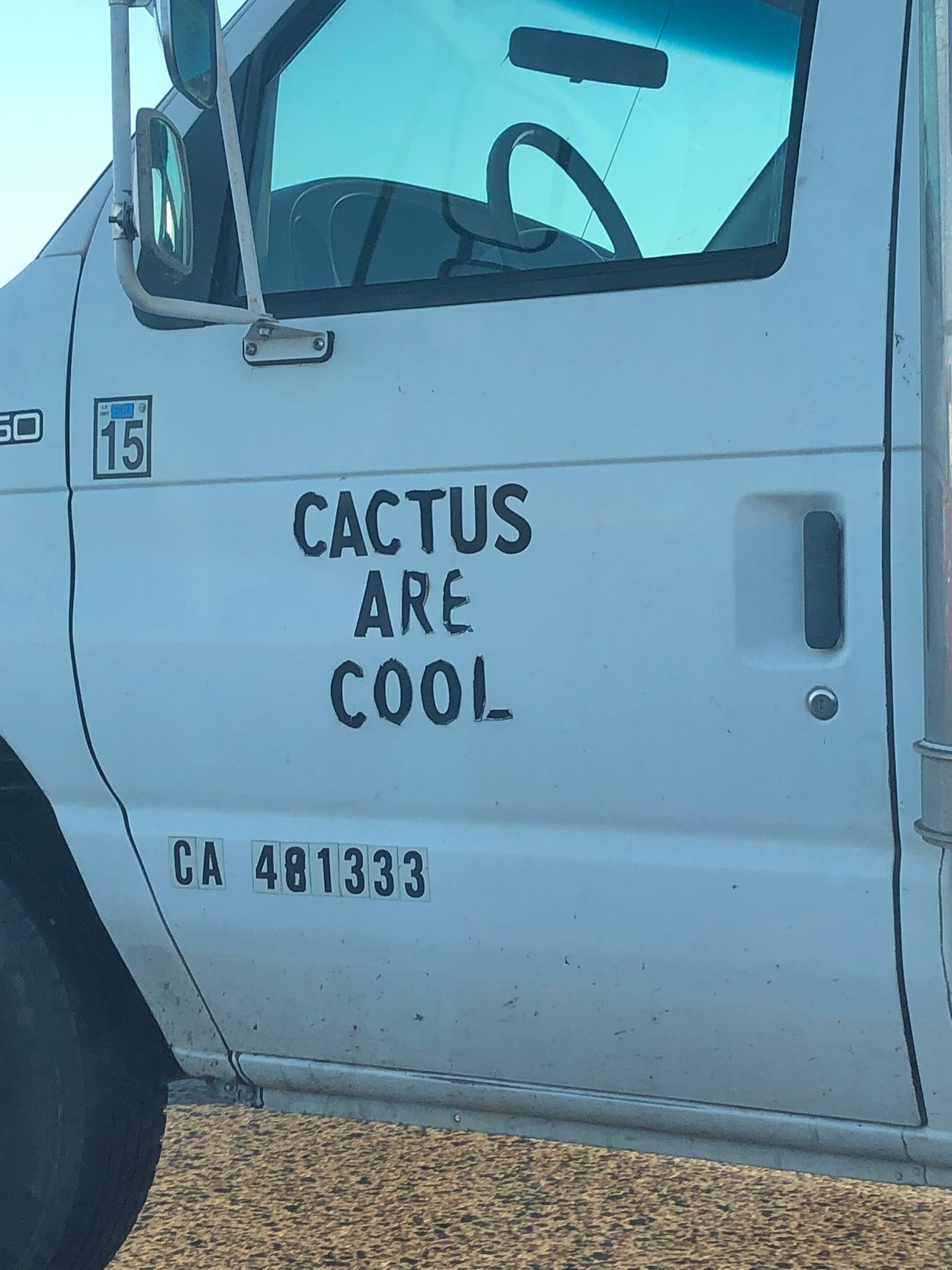 A truck door with the words “Cactus are Cool” painted on it.