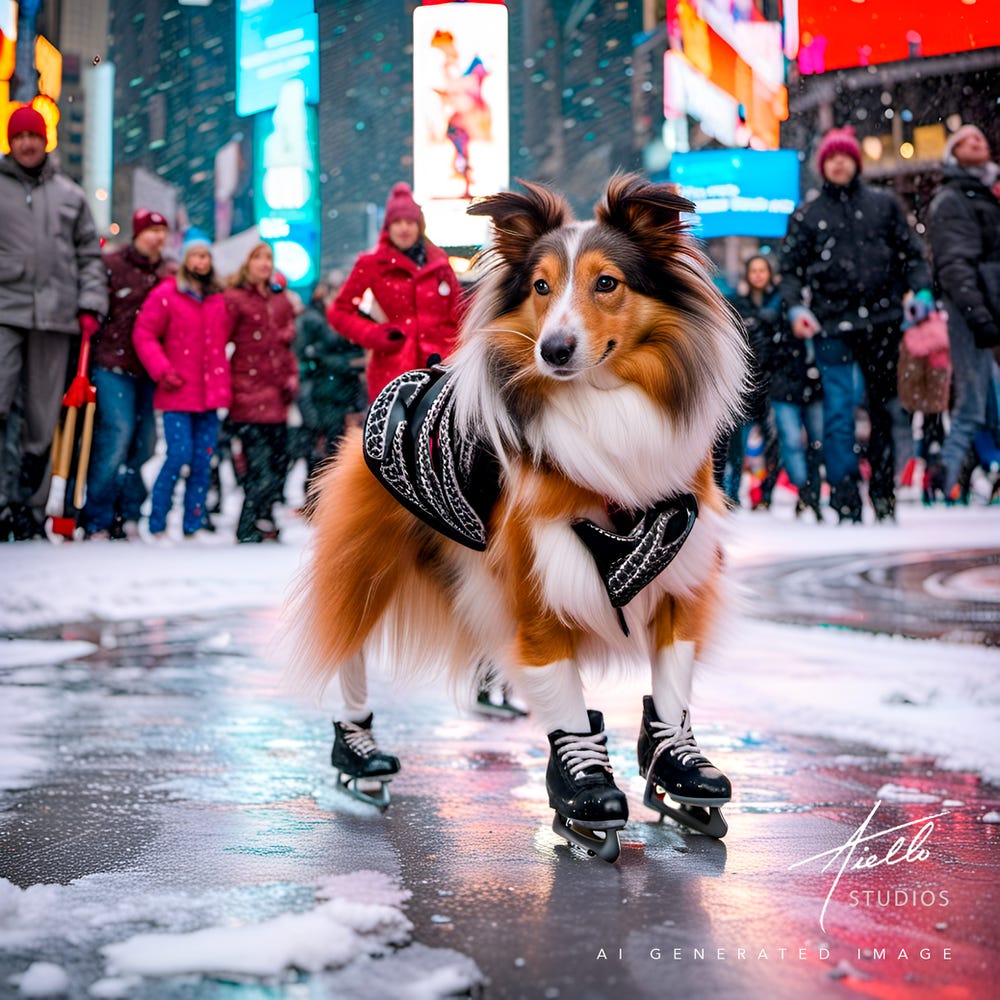 A shetland sheepdog wearing ice skates in Times Square in the snow.