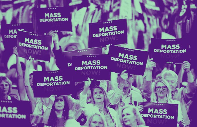 A sea of white women and men hold up signs that say "Mass Deportation Now!" at the Republican National Convention. The photo has been colorized to have an eerie green tint.