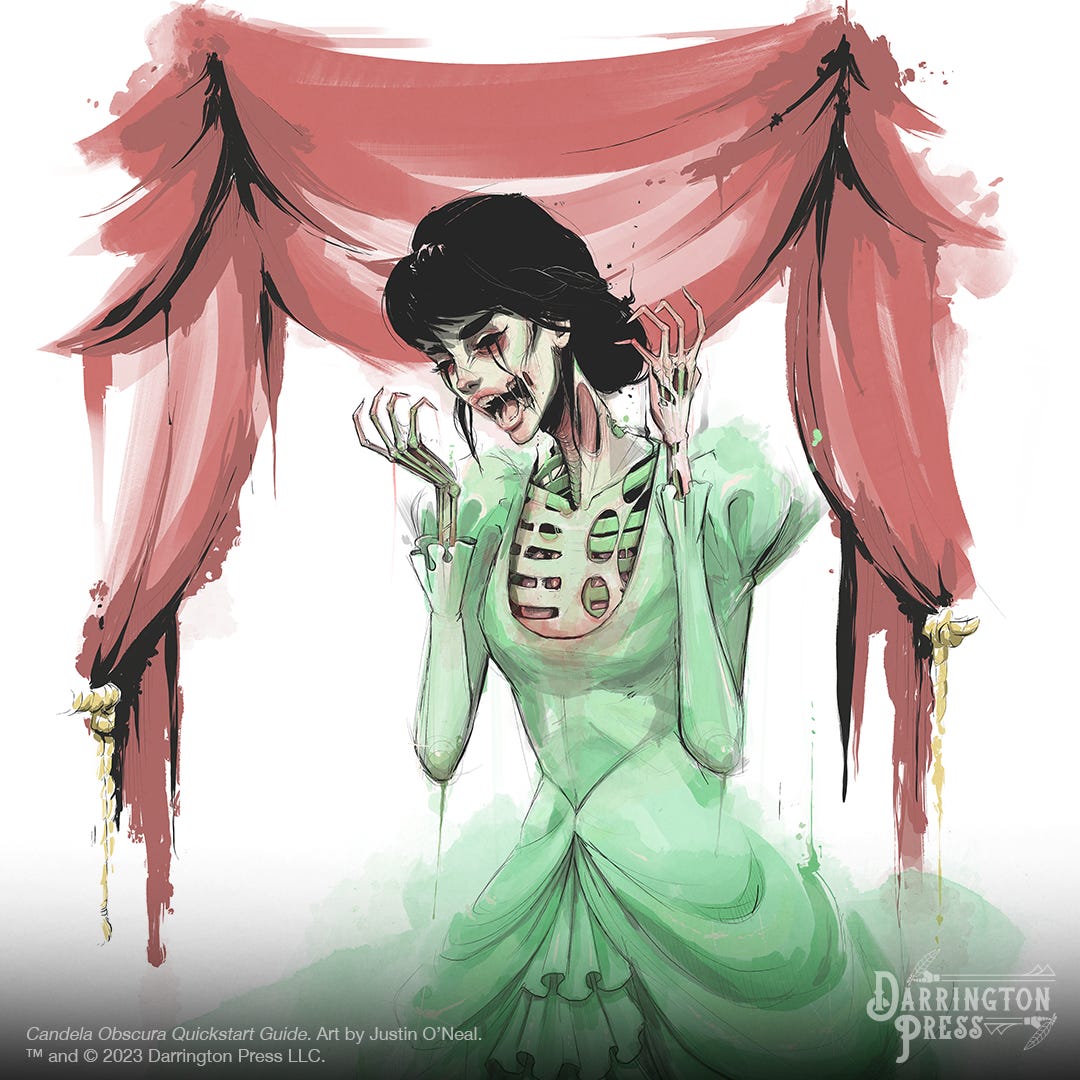 Concept art from Candela Obscura, depicting a woman in a green dress. She appears to be screaming as her skin melts away, revealing her skeleton underneath.