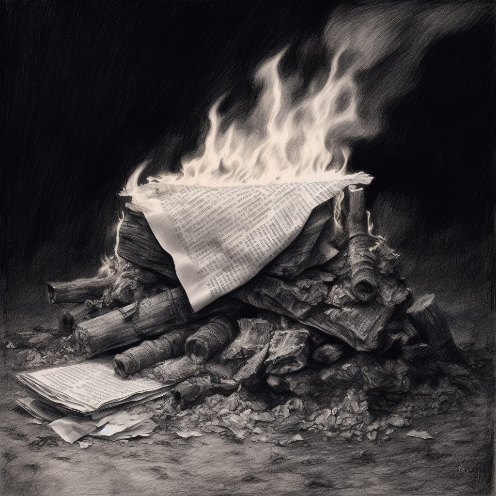 Loose papers burning on a pile of wood and coals. Charcoal illustration.