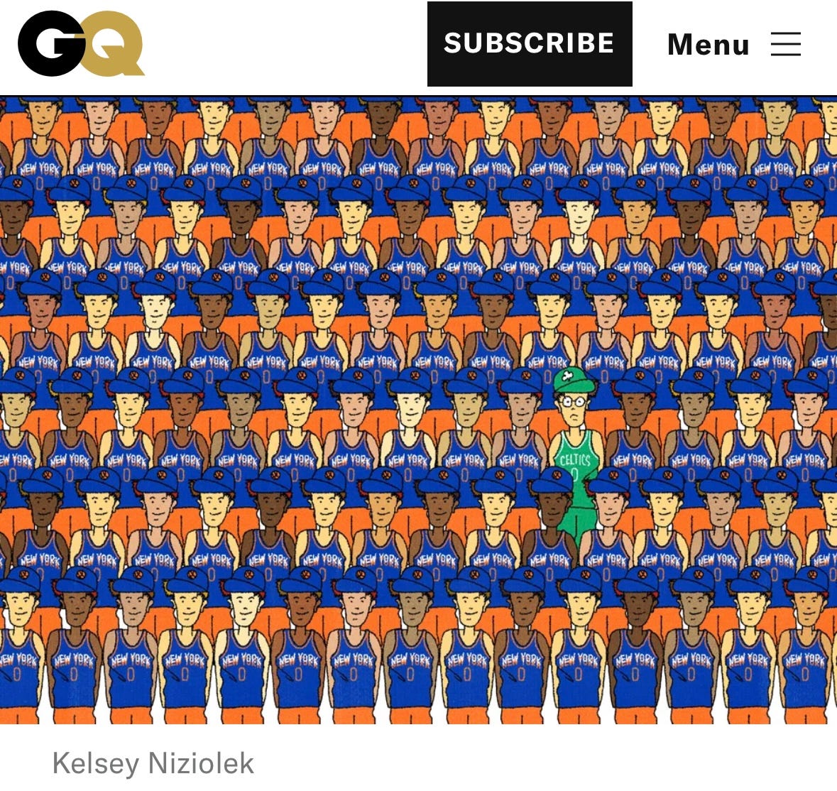 MS Paint style drawings of a bunch of Knicks fans and one lone Celtics fan, who looks dismayed from GQ's website.