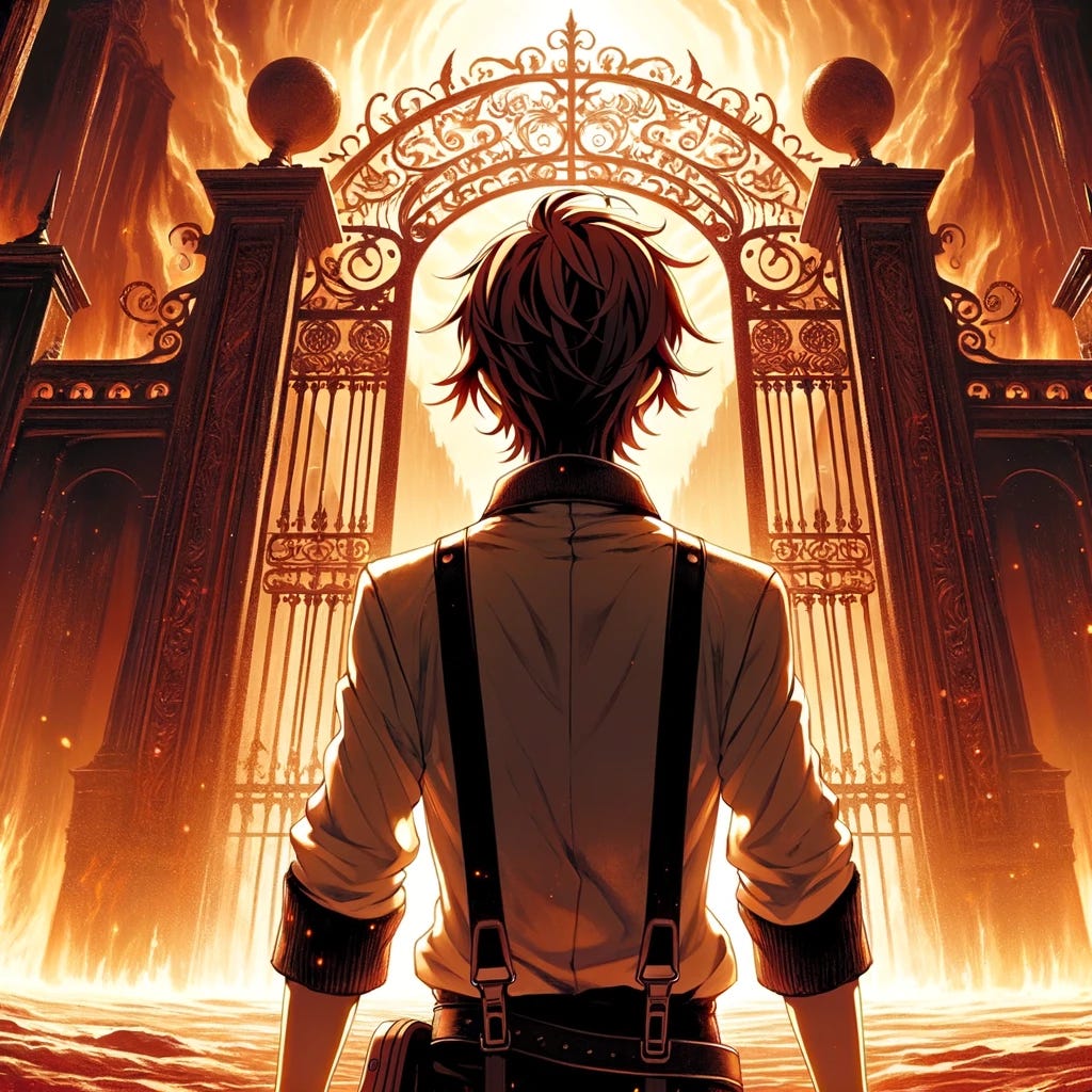 An anime protagonist, viewed from behind, stands in front of the imposing gates of Hell, ready to confront the unknown challenges that lie beyond. The gates loom large, their intricate and ominous designs hinting at the perils inside. The protagonist's posture is one of determination and bravery, with every line of their figure radiating resolve. Their hair flutters slightly in a warm, sulfurous breeze, contrasting sharply with the cold, hard metal of the gate. The scene is charged with anticipation, the moment before the protagonist takes the first step into an epic journey.