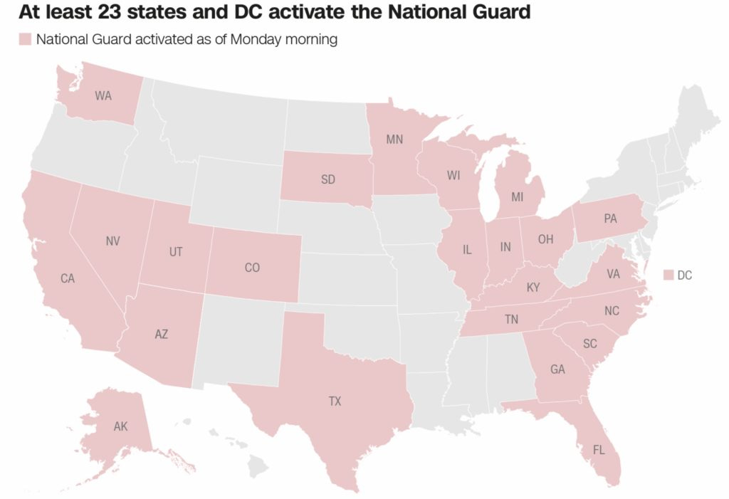 Map of 23 states that have activated the National Guard due to the George Floyd protests.