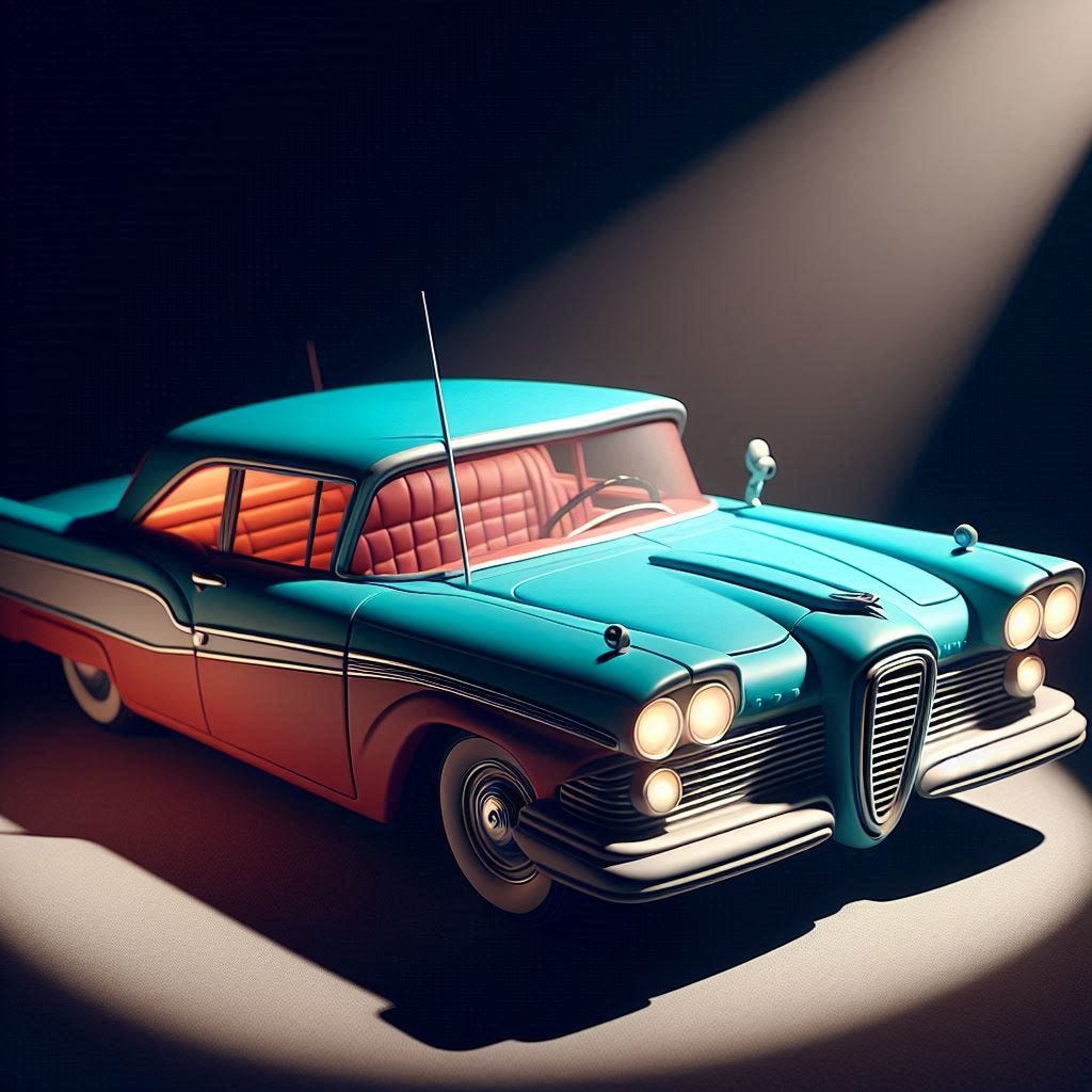 Ford Edsel car - in Claymation  - Using bright colours - minimalist image - Smooth Image - with 3d Effects with light projecting from the top in a dark room