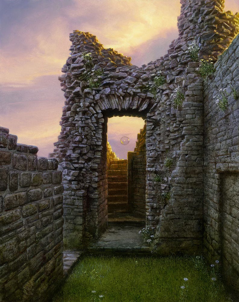 A view from inside a ruined abbey.  A transparent sphere containing a single flame floats past a rough stone doorway, up a set of stairs, and out to open air beyond. The ground cover in the foreground is lush grass with a sprinkling of white wildflowers. A high wall obscures the view to the right as the low wall opposite gives way to a violet clouded sky with the warm tint of sunset. The stone is rougher—less uniform in size with more structural erosion—around the arch of the doorway lending a contrast to smoother stone blocks leading up to it.