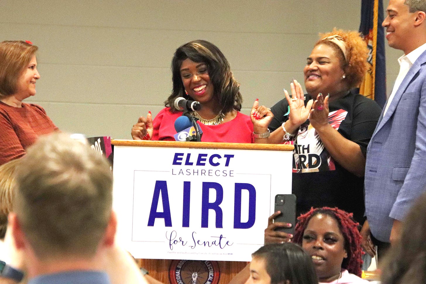 June 20, 2023: Former Delegate Lashrecse Aird, who is soon to serve in the Virginia Senate, enjoys her victory last night over State Senator Joe Morrissey with Del. Cia Price and former Delegate Jay Jones, right, and State Senator Ghazala Hashmi.