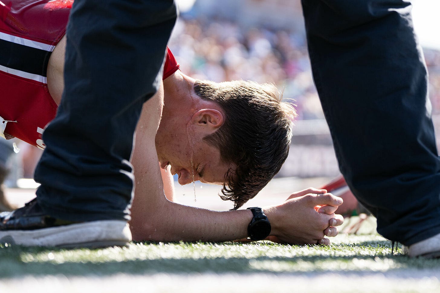 Toledo's Treyton Marty catches his breath after running the boys 3200-meter on the final day of the 1B/ 2B/1A State Track and Field Championships at Zaepfel Stadium in Yakima on Saturday, May 31. Toledo's Treyton Marty catches his breath after running the boys 3200-meter on the final day of the 1B/ 2B/1A State Track and Field Championships at Zaepfel Stadium in Yakima on Saturday, May 31.