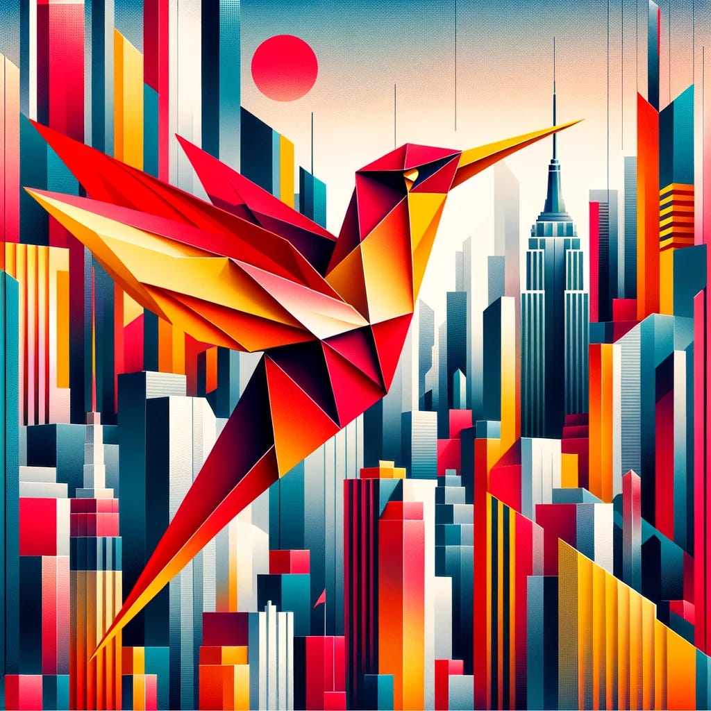 The origami hummingbird, with its striking red to yellow gradient, is juxtaposed against a New York City backdrop, all rendered in an abstract postmodern style. The scene is a chaotic yet harmonious blend of shapes and colors, with the skyline of New York simplified into geometric forms. Elements such as the Empire State Building, the Statue of Liberty, and the bustle of Times Square are suggested through fragmented, exaggerated lines and vibrant, contrasting color blocks. The bird is an integral part of this composition, its form deconstructed and reassembled into a series of angular, interlocking planes that capture the energy and complexity of postmodern art.