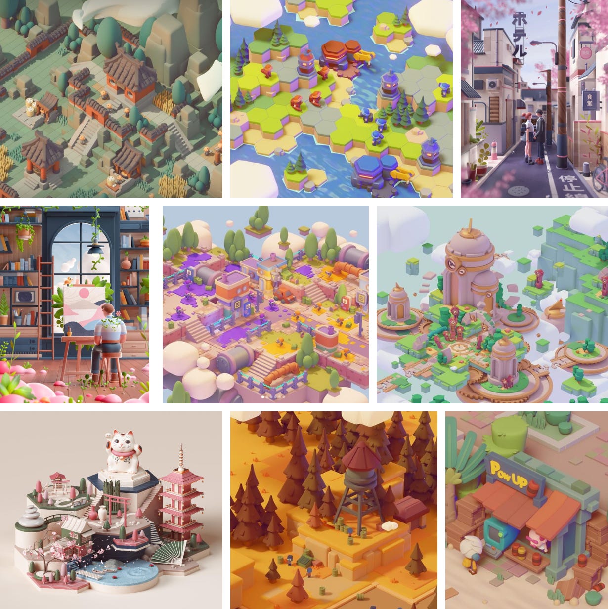 collage of soft, clay like 3D model artworks