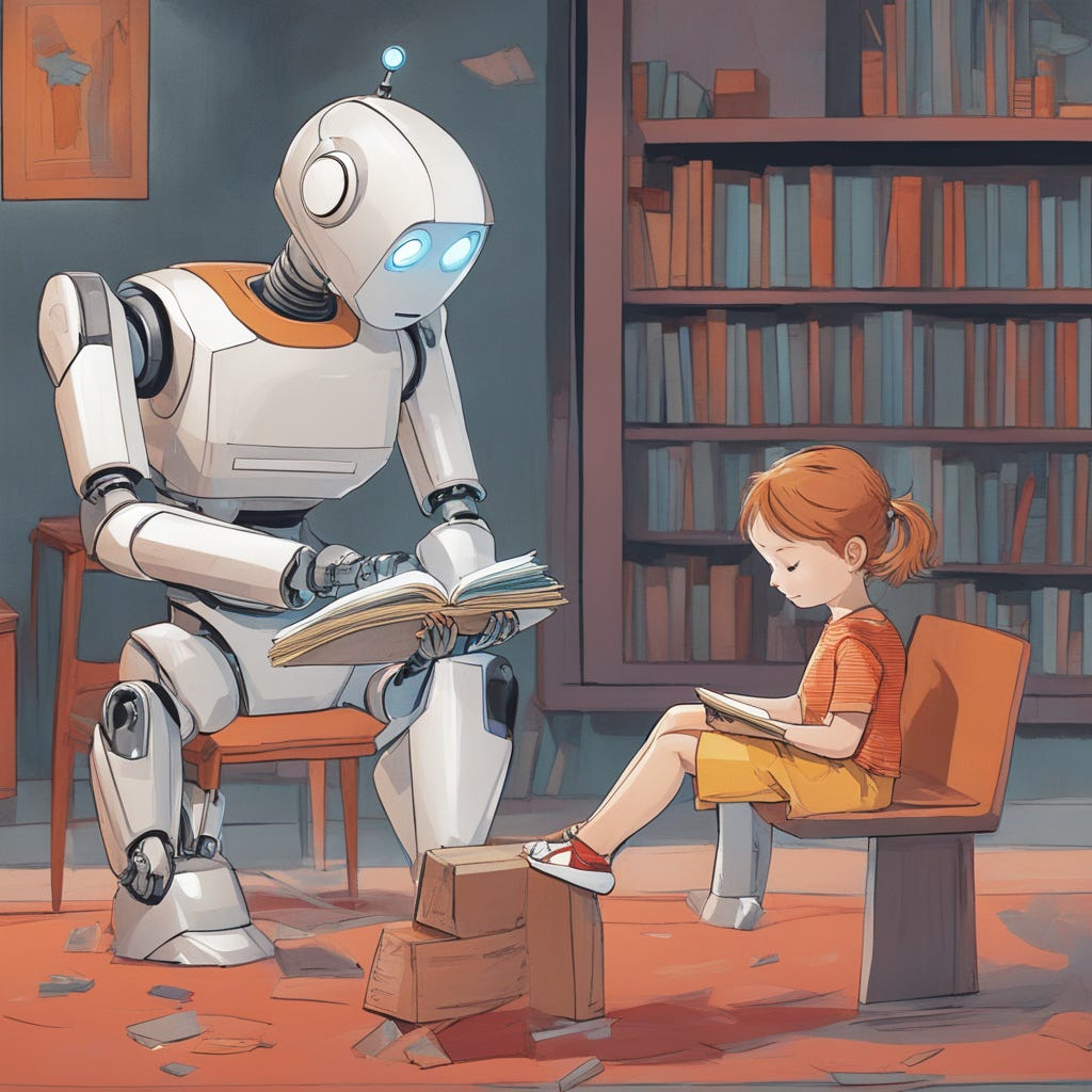 A robot reading a book to a child