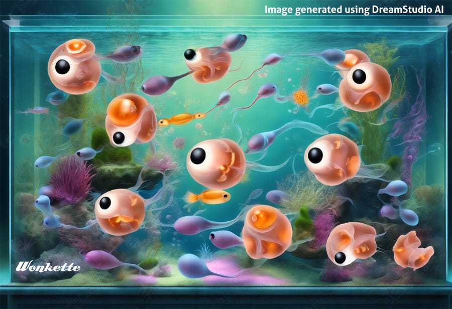 AI generated image of an aquarium with weird one-eyed embryo-looking 'fish' and decidedly spermatozoic things swimming around.