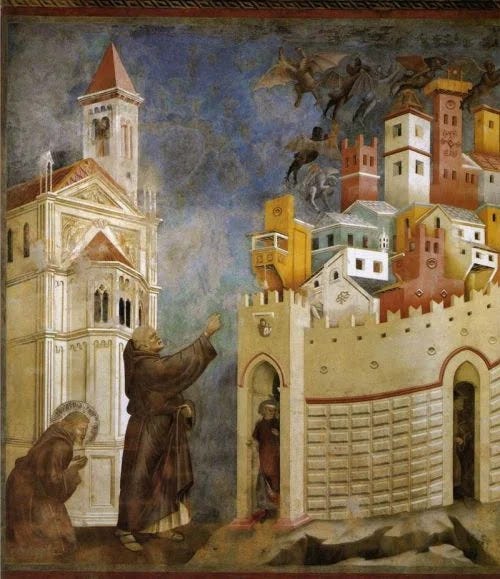 São Francisco de Assis pratica um exorcismo contra os demônios de Arezzo; afresco de Giotto. São Francisco de Assis pratica um exorcismo contra os demônios de Arezzo; afresco de Giotto.