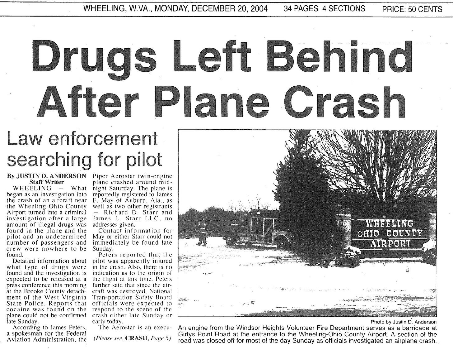 Newspaper clip from The Intelligencer in Wheeling, West Virginia, reporting on Eugene Cobbs’ plane crash. (Image courtesy The Intelligencer/theintelligencer.net) 