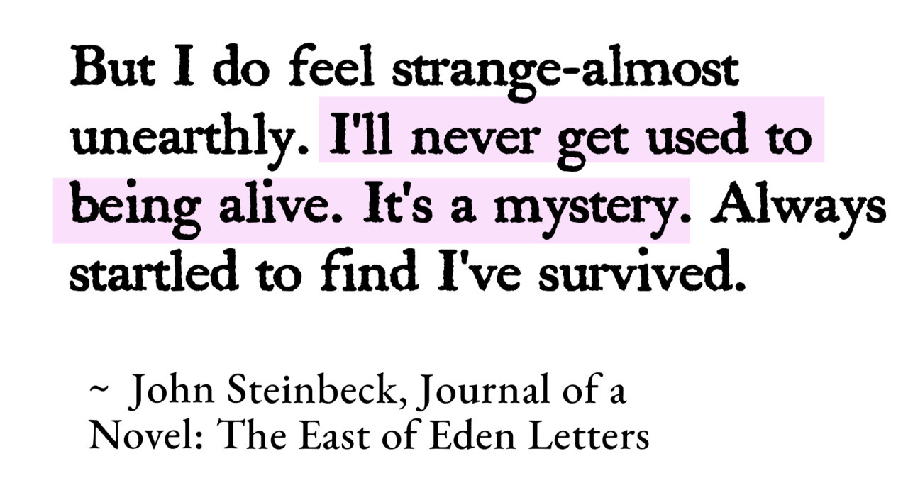 But I do feel strange-almost unearthly. I'll never get used to being alive. It's a mystery. Always started to find I've survived. End quote John Steinbeck, journal of a novel: The East of Eden Letters