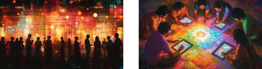 Two contrasting digital-themed artworks: the left shows silhouettes of people engaged with digital devices against a vibrant backdrop of colorful lights, representing a bustling, technology-driven environment. The right depicts a group of individuals sitting in a circle, collaboratively creating a bright, digital rangoli design on tablets, blending tradition with modern technology in a colorful and communal setting.