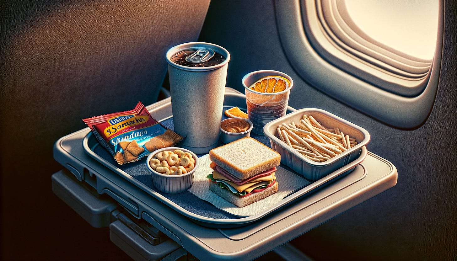 A highly detailed and unappealing portrayal of economy class airplane snacks. The image shows a small, cluttered tray on an economy class seat