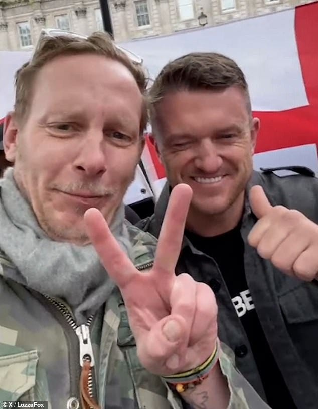 Tommy Robinson is joined by Laurence Fox as he addresses crowds during  shameful St George's Day violence: Far-right activist calls for day of  action against 'two-tier policing' - as police arrest six