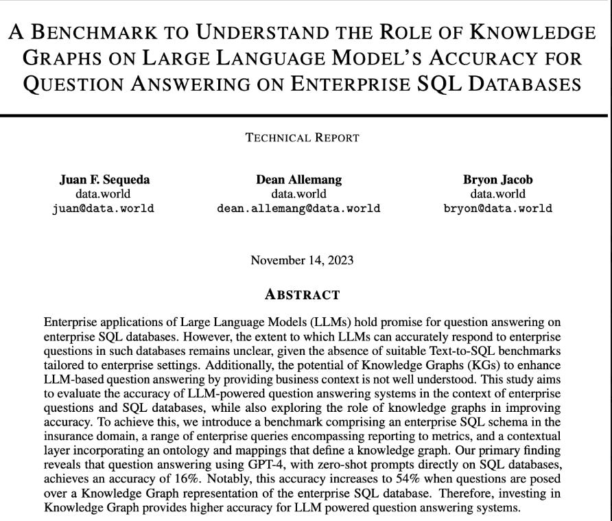 A screenshot of the front page of the article, entitled "A Benchmark to Understand the Role of Knowledge Graphs on Large Language Model's Accuracy for Question Answering on Enterprise SQL Databases". The screenshot includes the title, the authors, and the abstract. 