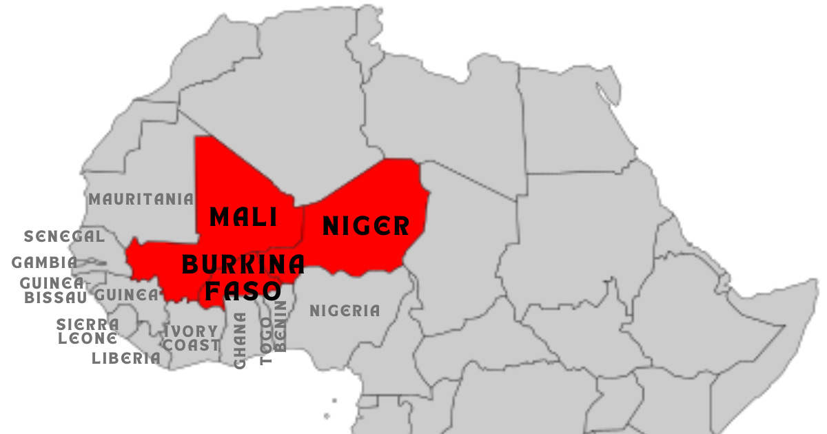 A map of West Africa, with the land-locked countries of Mali, Burkina Faso, and Niger highlighted in red.