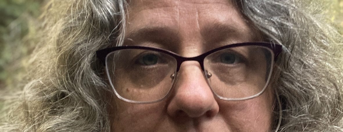 selfie of a white woman with glasses, just the forehead, eyes, and nose. lots of silvery hair surrounding her face.