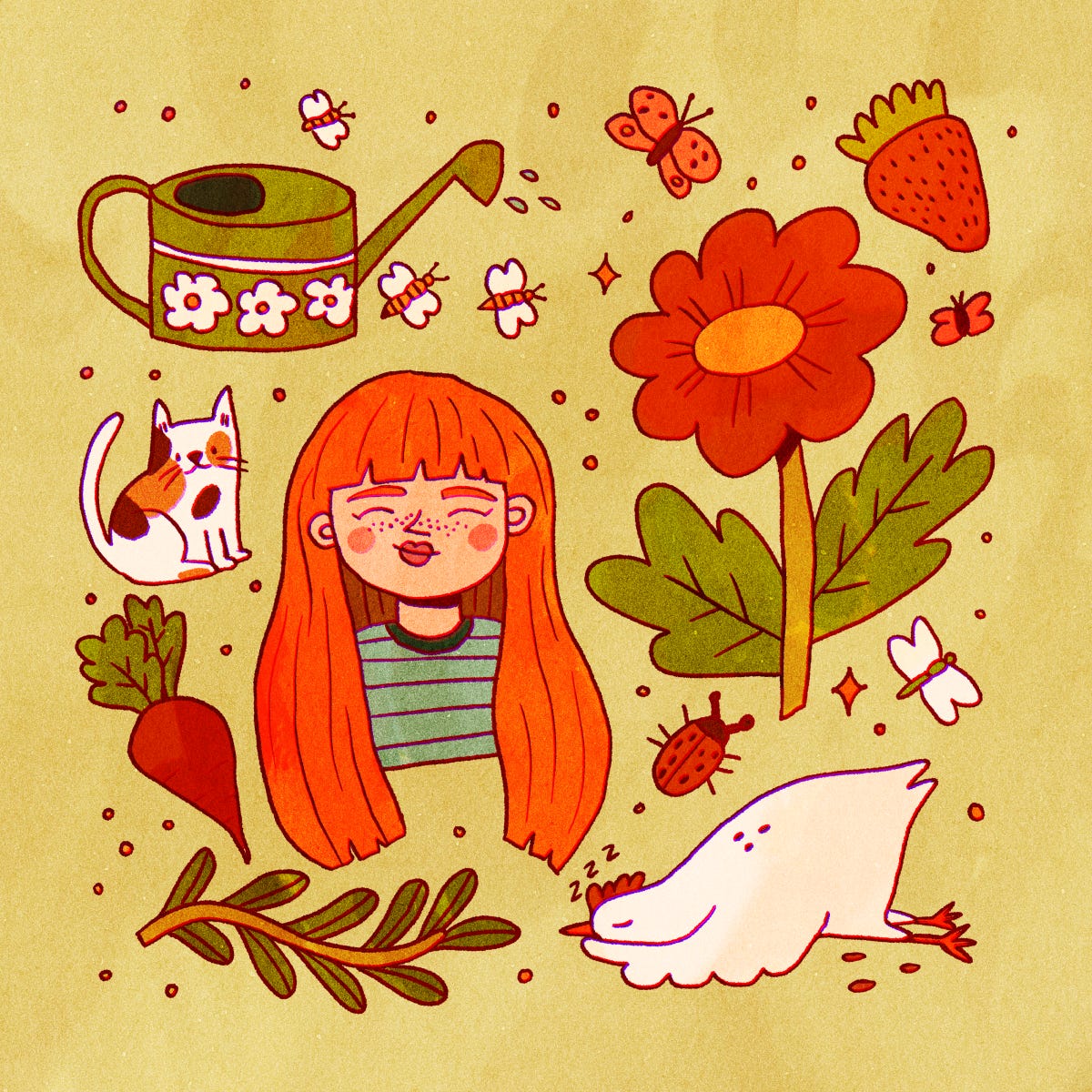 A digital drawing of a collection of things against a light green background: a watering can, flowers, a beet, a sleeping chicken, a happy cat and a girl character.