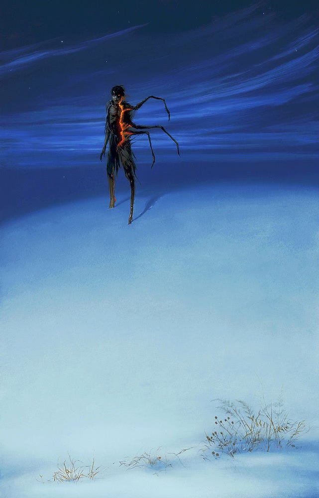 Mordred trudges forward over a snowy desolate landscape backed by blue arctic skies. A line of orange energy crackles up his body, branching out as he's caught mid-transformation. Half of him is human while the other half sprouts spider legs.