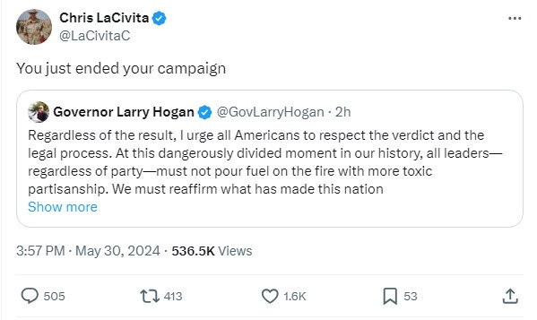 Screenshot of tweet from Chris LaCivita, quoting Larry Hogan's call for calm and adding 'You just ended your campaign'