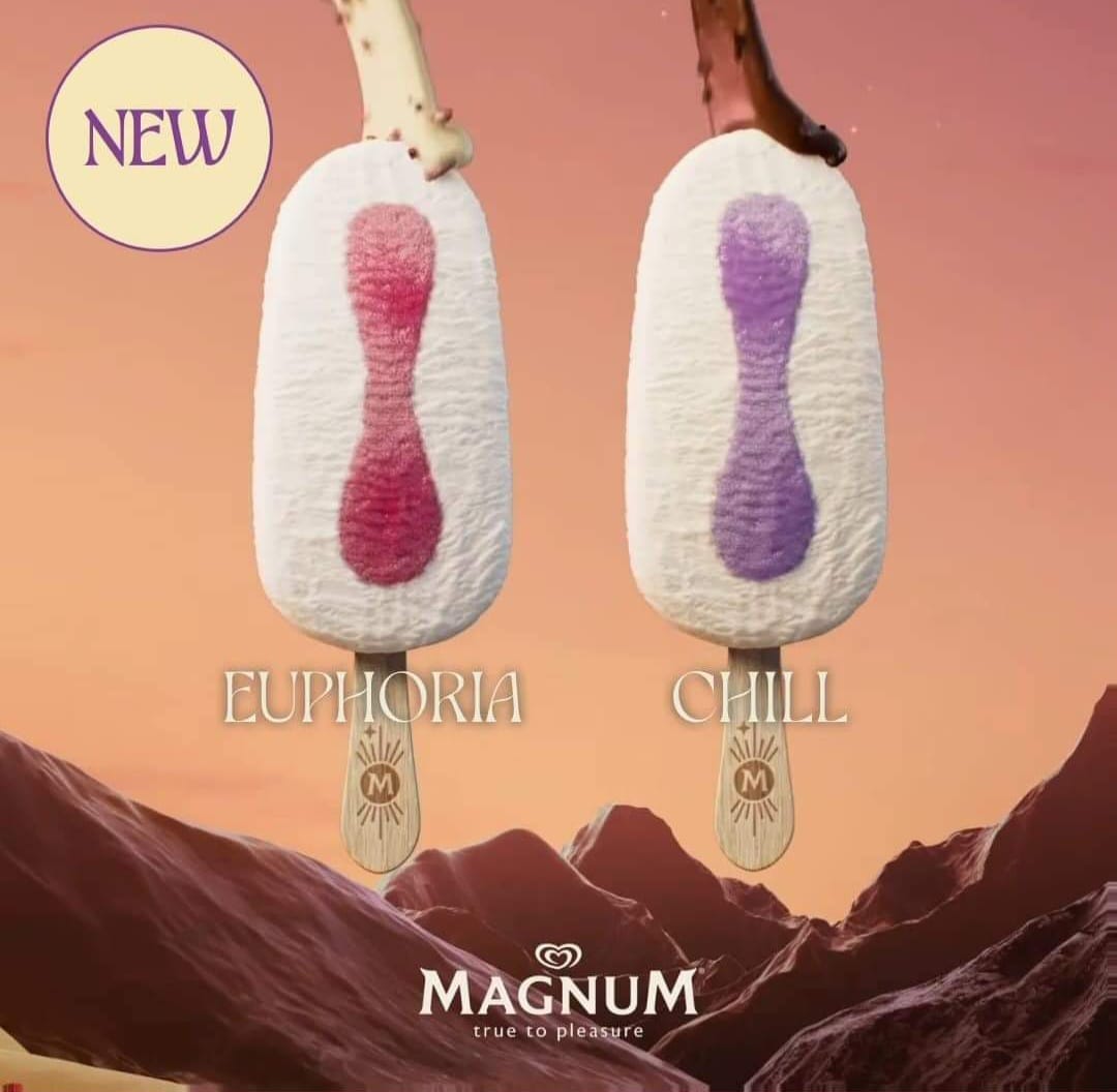 May be an image of gelato and text that says 'NEW EUPHORIA Mlll M 小い CHILL Mull M ന്ര MAGNUM true truecopleasure to to pleasure'